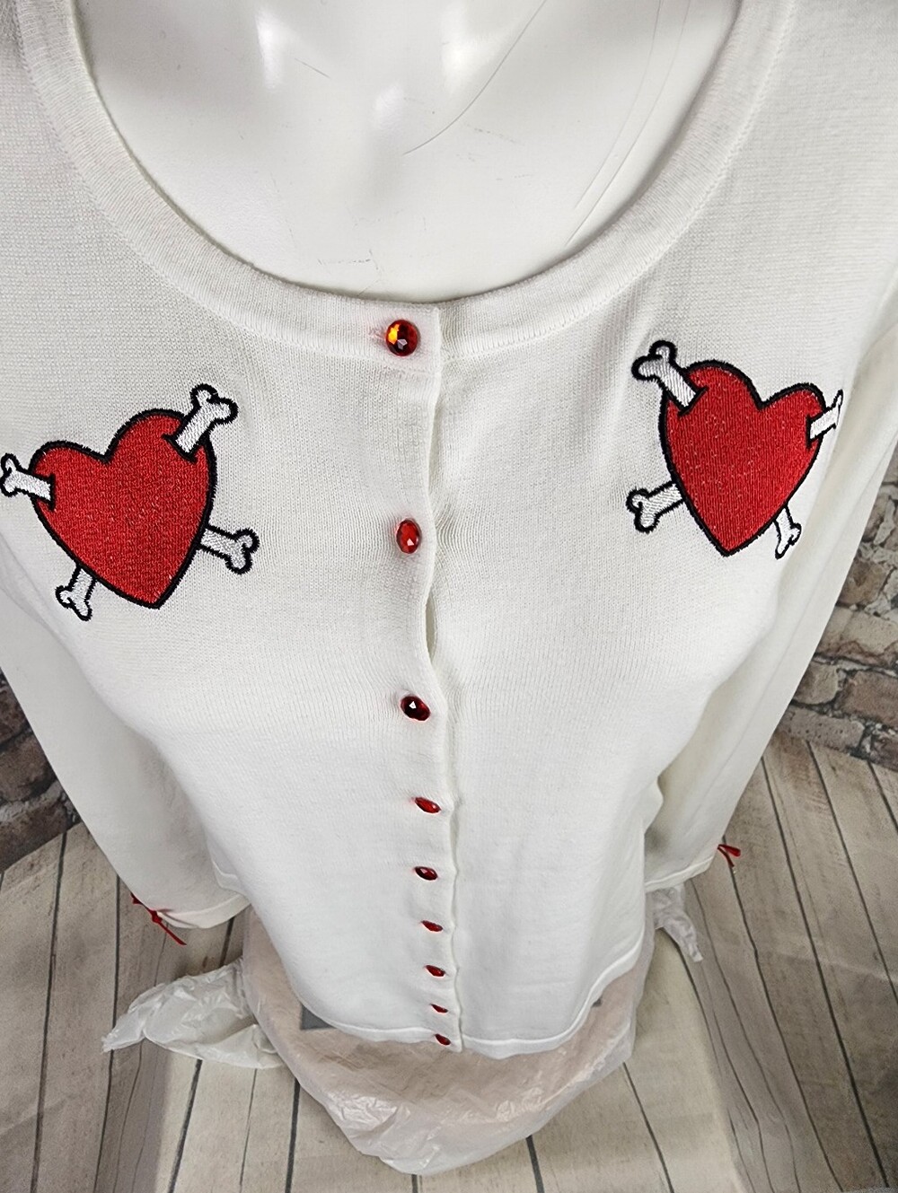 Sourpuss White Cardigan with Red Heart-and-Bones Embroidery - Picture 13 of 15